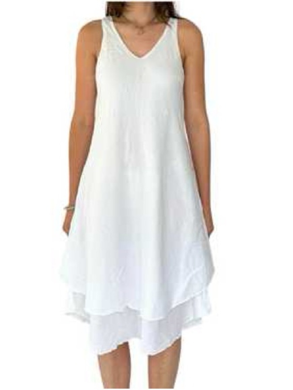 Blanc du Nil White Linen Blend Sleeveless Midi Dress Layered Hem Size T3